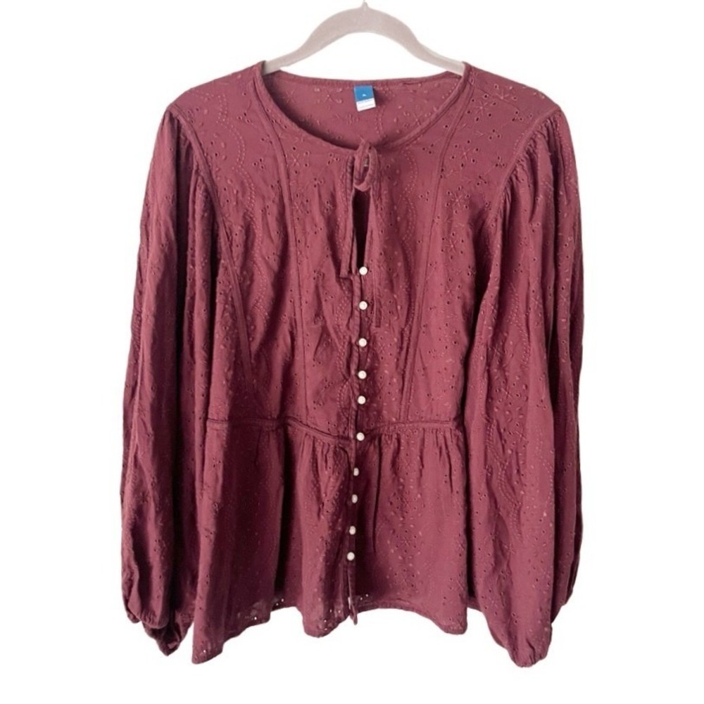 Old Navy Bohemian Eyelet Embroidered Maroon Top Size XL Fall Farmhouse Country